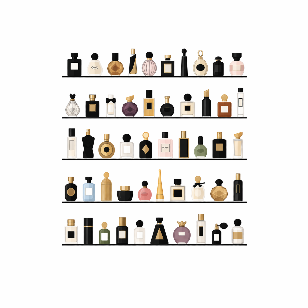 Perfume shelf with bottles